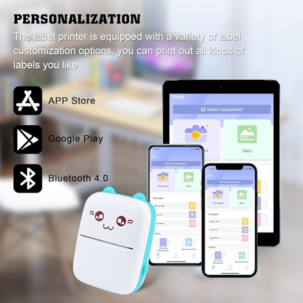 Mini termisk skrivare, Bluetooth-etikettskrivare, bärbar etikettskrivare, kompatibel med Android och iOS (med 5 rullar papper + 5 färgade pennor)
