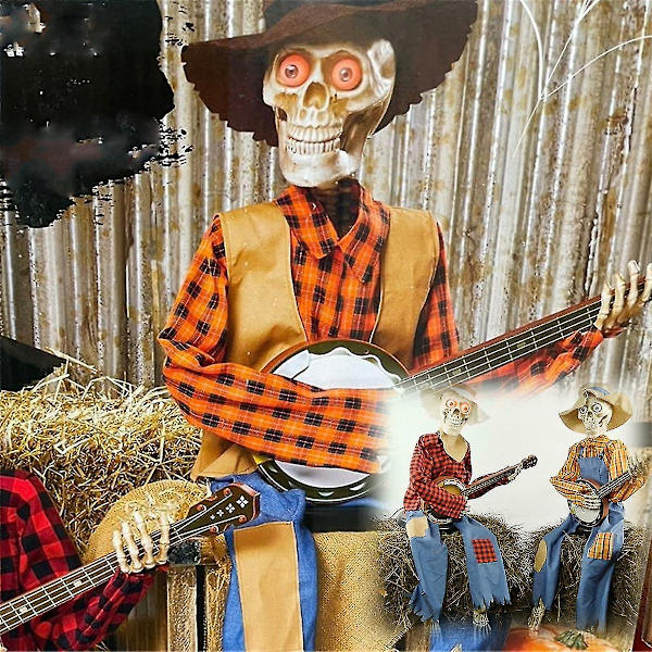 Cowboy-kallopatsas, Liikuteltava Valoisa Kallokoriste, Hauska Banjo-Luurankohahmo, Goottilainen Koriste, Halloween-Koriste (Punainen - valolla)