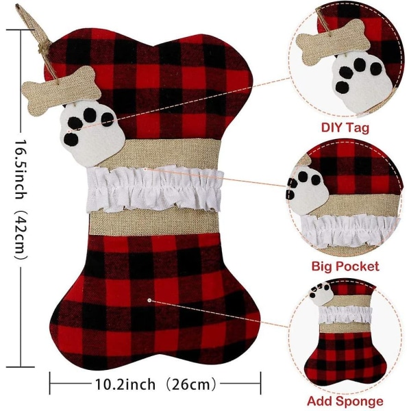 Hunde-julestrømper Sæt med 2, Buffalo Plaid-julestrømper Store knogleformede Hængende kæledyrsstrømper til pynt