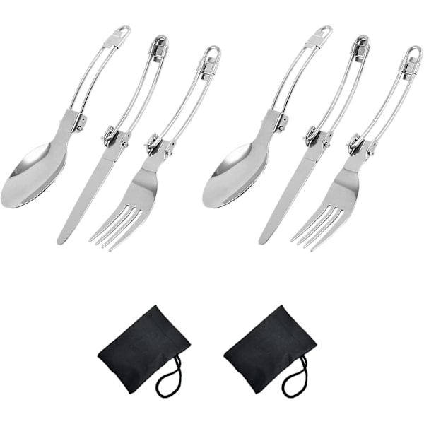 2 sæt (6 stk.) Foldbart bestik i rustfrit stål, bærbart bestik med 2 opbevaringsposer til picnic, vandreture, camping og rejser