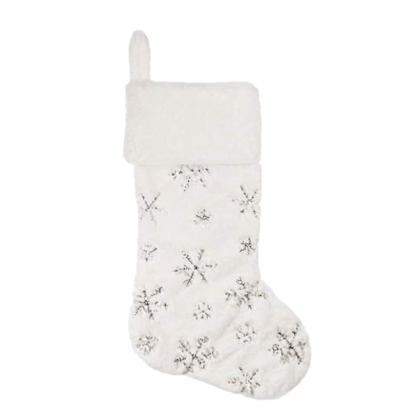 1 st julstrumpa med broderade snöflingor, hängande, slitstark plyschdekoration, strumpa för festivalen (silver)