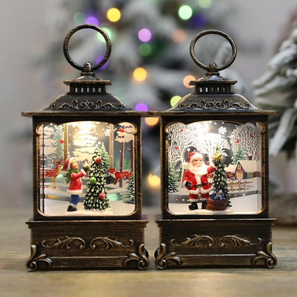 Julgran Lykta Ornament med Retro Ram Träd Snögubbe Älg Staty Nattlampa Skrivbordsdekoration (Julgran)