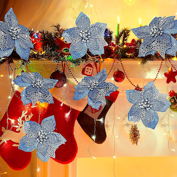 12 stk Julestjerne Kunstige Julestjerner Juledekorasjon 5,9'' Blå Glitter Julestjerner