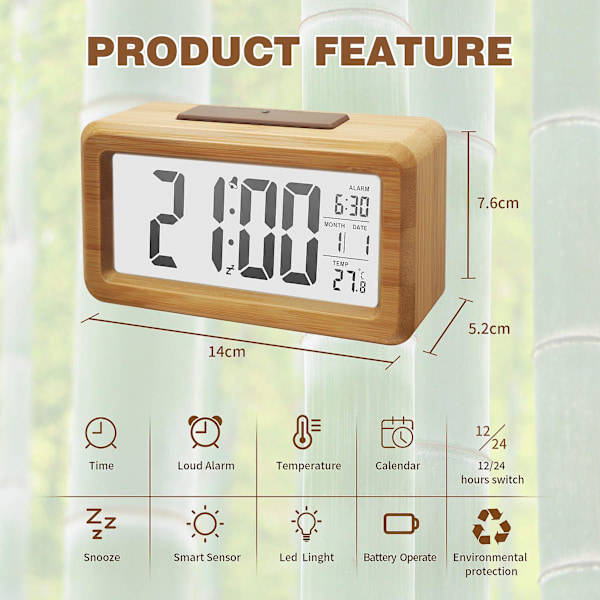 Digital väckarklocka i trä, stor LED-display, 12/24 timmarsvisning, smart sensor nattlampa