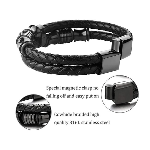 Herr dubbelrad svart flätat läderarmband Armband Armband Svart Smycken i rostfritt stål Svart 22cm