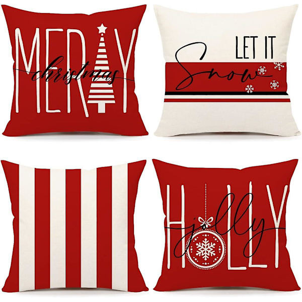 Julkuddar 18x18 Set om 4 Rosa Ränder Tomte Snögubbe Snöflinga God Jul Gran Låt Det Snöa