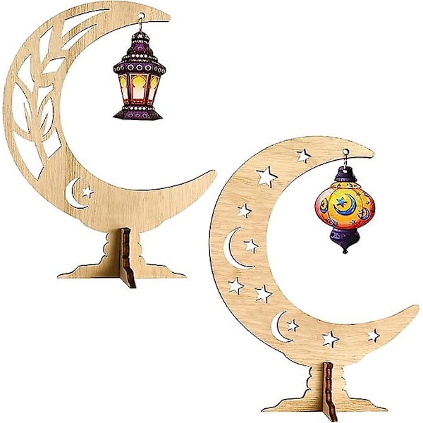 2 kappaletta Eid Mubarak -koristetta, Eid Mubarak -pöytäkoriste, Ramadan-pöytäkoriste puuripustettavalla riipuksella, Islam-kuun tähtiornamentteja Eid Mub