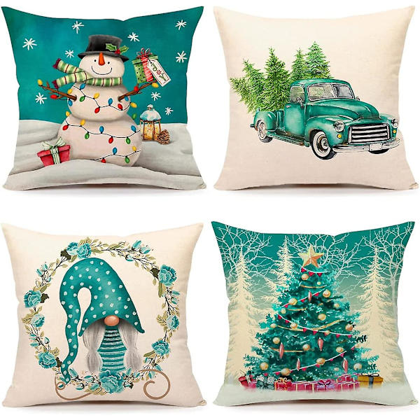 Turkos Jul Kuddfodral 45cmx45cm Set om 4 Farmhouse Juldekorationer Snögubbe Tomte med Blomsterkrans Lastbil med Träd Vintersemester Dekor
