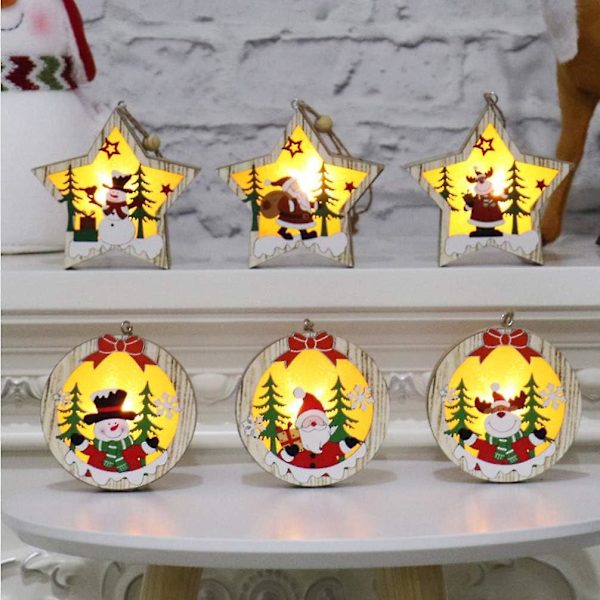 3 st LED-upplysta juldekorationer i trä, runda, ren, snögubbe, tomte, mönster, hängande julgran, julnattljus