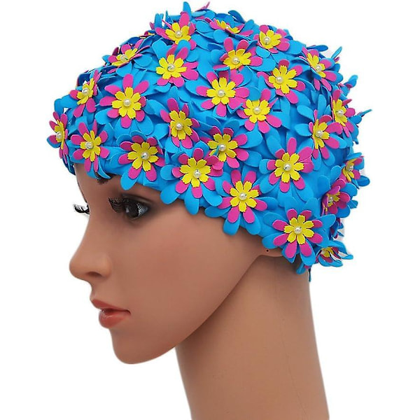 Svømmehette Floral Petal Retro Style Badehetter for Kvinner (Blå)