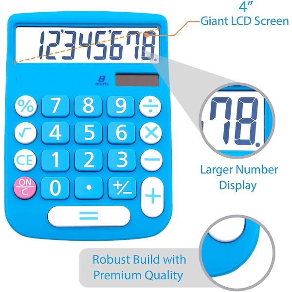 Miniräknare för kontor och hem - 8-siffrig LCD-skärm - Lämplig för skrivbord och på resande fot. (blå)