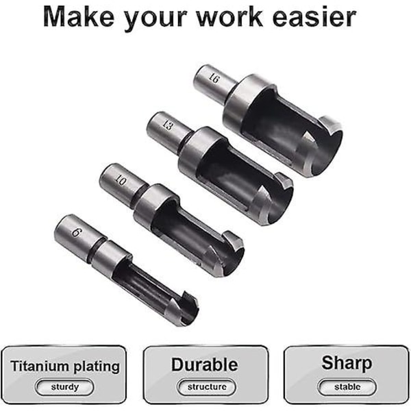 4 st kolstål träplugg hålfräs borr set 1/4\" 3/8\" 1/2\" 5/8\" skärning dymling kraft snickeri kork hål såg verktyg rundvirke trä