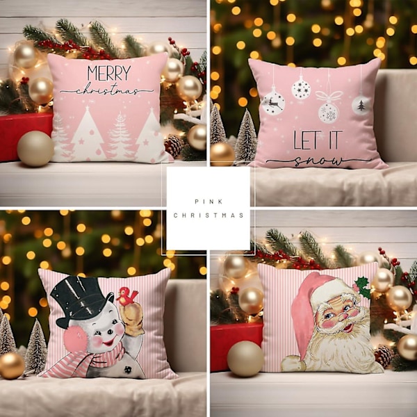 Julkuddar 18x18 Set om 4 Rosa Ränder Tomte Snögubbe Snöflinga God Jul Gran Låt Det Snöa