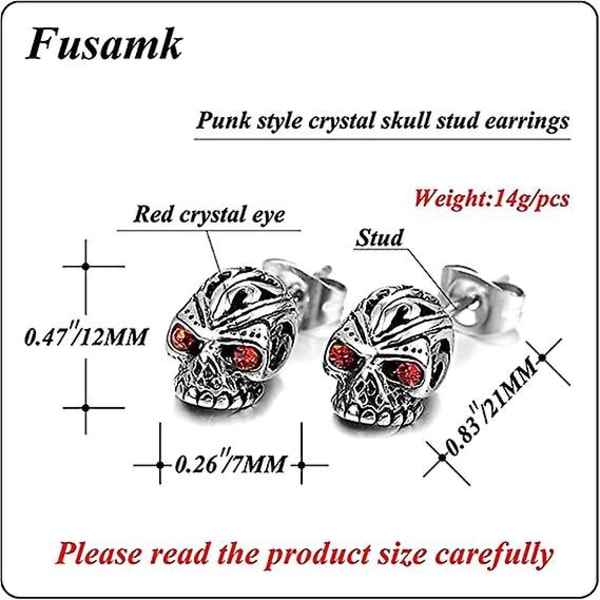 Punk Rock Titanium stål blomstermønster Crystal Eye Skull Stud øredobber