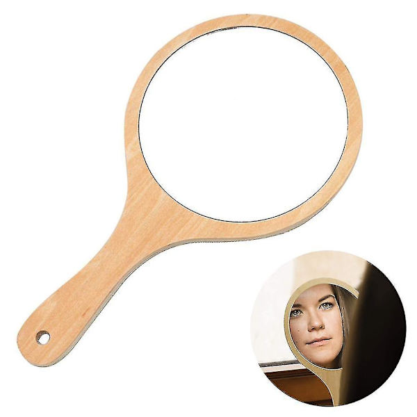 Rundt Håndspeil med Trehåndtak, Sminke Speil for Hårskjæring og Ansiktspleie (Trefarge).