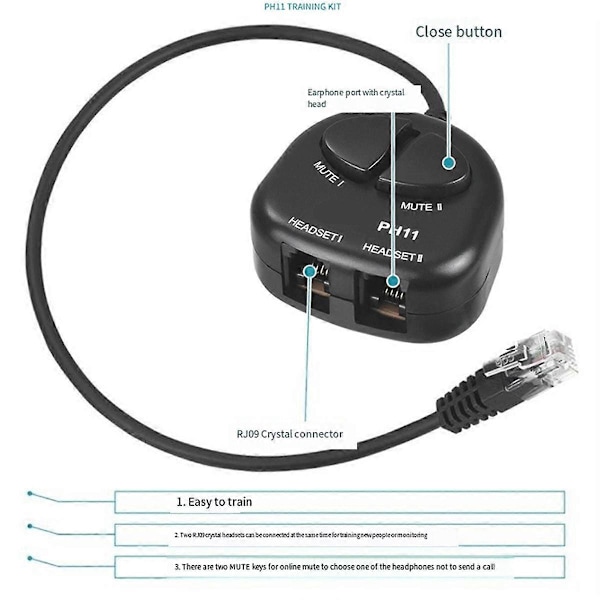 DU Mute Switch Träningsadapter, Dubbel RJ9-kontakt med RJ9 Headset-kontakt, för Call Center Headset Träningsadapter 4P4C