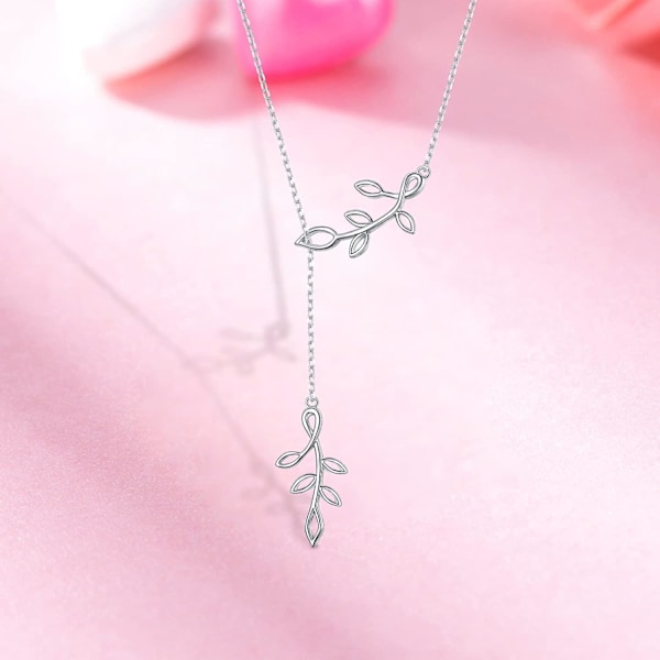 Långt Halsband Sterling Silver Larait Bar Lång Kedja Droppe Justerbart Halsband Gåva Till Honom/Henne (Olivblads Halsband)