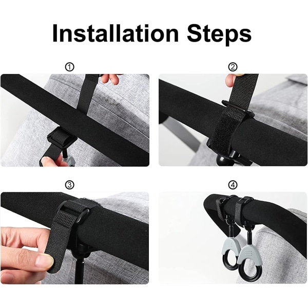 AWOUA 2 strollers krokar, 360 graders rotation, halkfria plast stroller krok, kardborreband justerbar, för barnvagnsblöjor väskor, 10,5*4,2 cm