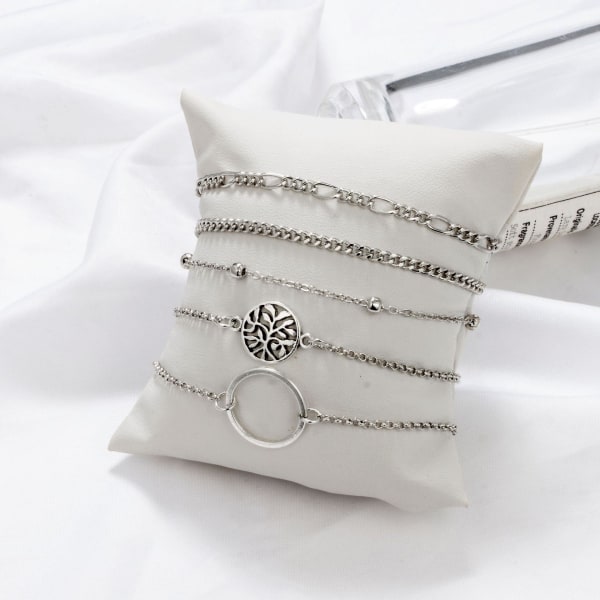 Set med 5 silverarmband med pärlor och kedjor för kvinnor Boho Style pärlor med cirklar och Livets träd Silverkedjor för kvinnor och flickor