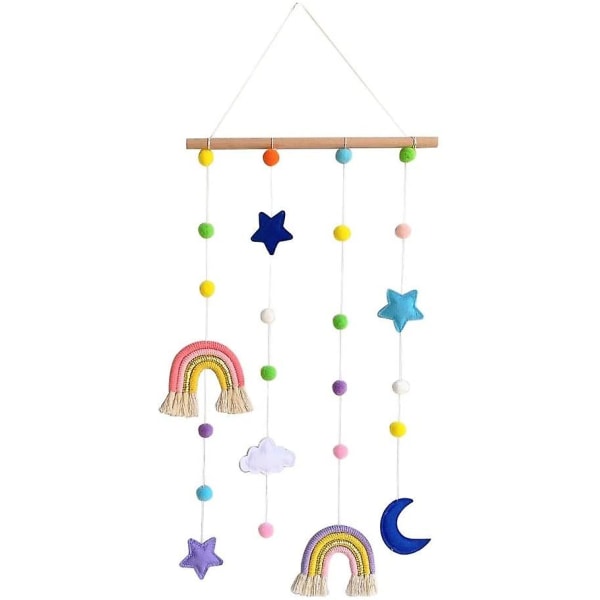 Macrame Rainbow Väggupphängning för barnrum, Rainbow Hanging Photo Display med Pom Pom bollar, trä