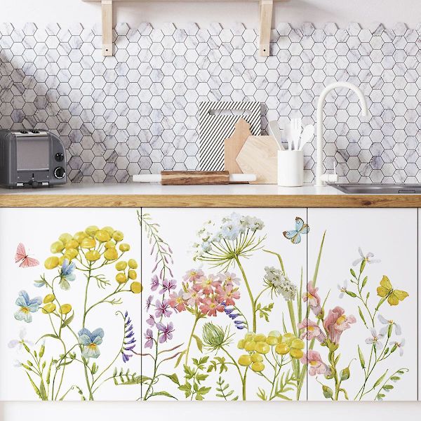 En uppsättning väggdekaler blommor växter fjärilar dekorativa väggdekaler för vardagsrum sovrum kontor vägg växtdekaler