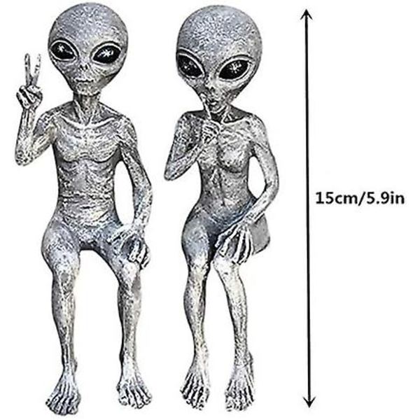 Utomjordisk statyett, set med 2 rymdvarelse statyer, utomjordisk staty, trädgårdsfigur, harts skulptur för hemmakontor trädgård uteplats gräsmatta