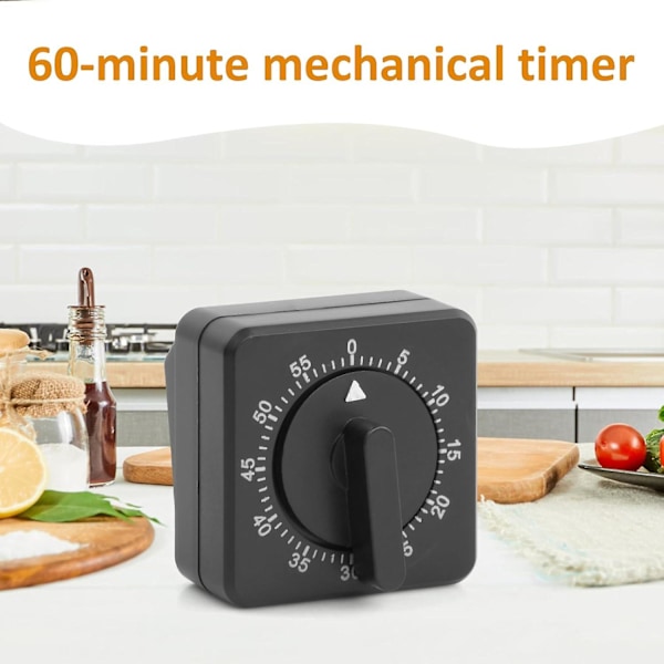 Køkken Timer, Justerbar 60 Minutters Mekanisk Timer til Køkken Hjem Bageværktøj, 1 Time Sort Firkantet Alarm Påmindelse