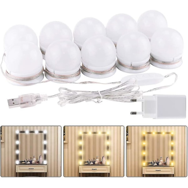 Spegelljus, 10 glödlampor Hollywood LED-ljussats Dimbar kosmetisk spegellampa för badrum 3 färger 10 ljusstyrkanivåer med adapter (spegel ej inkl.