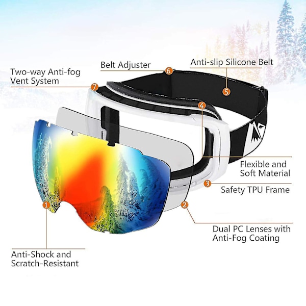 Skibriller for menn og kvinner, snowboardbriller med antirefleks, 100% UV400 UV-beskyttende linser