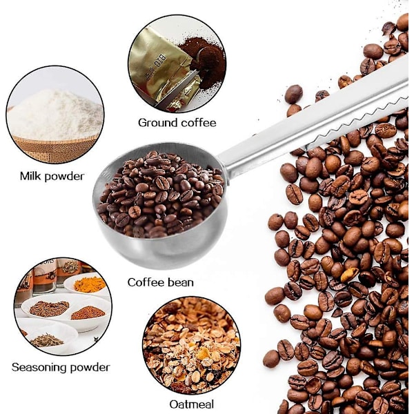 Kaffe mät sked försegling klämma, rostfritt stål malet kaffe kaffesked sked med påse försegling klämma 2 i 1