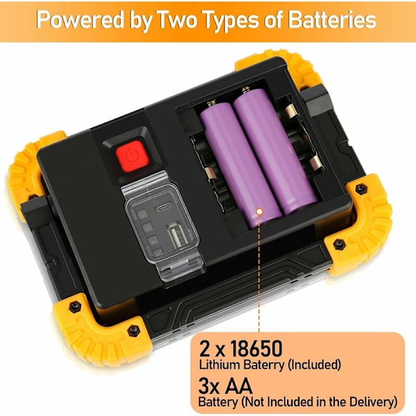 LED-arbetslampa - Vattentät bärbar batteri med 2 batterier - USB - 4 belysningslägen för byggarbetsplats, garage, verkstad