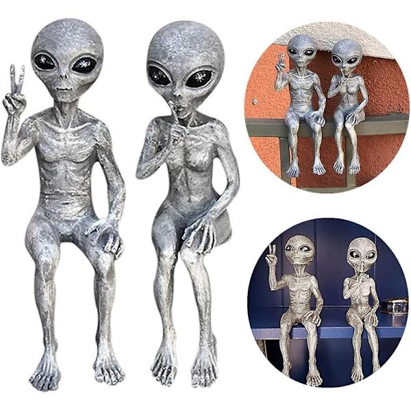 Utomjordisk statyett, set med 2 rymdvarelse statyer, utomjordisk staty, trädgårdsfigur, harts skulptur för hemmakontor trädgård uteplats gräsmatta