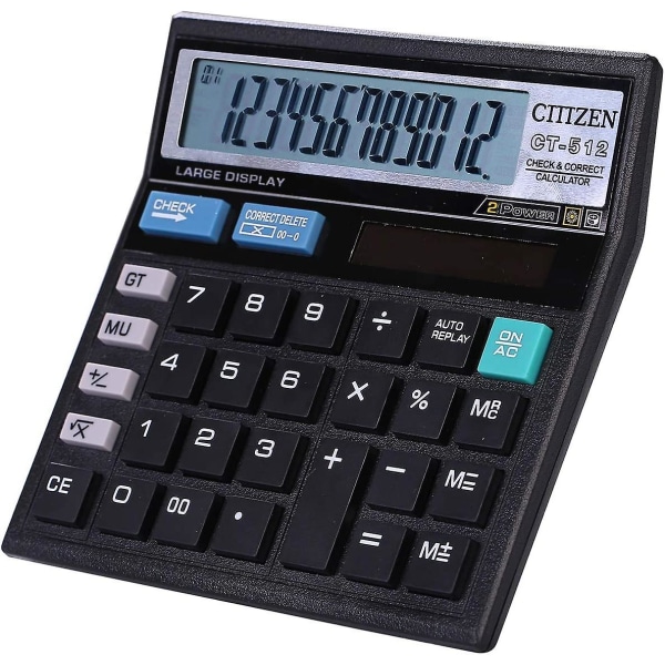 Solcellekalkulator, 12-sifret elektronisk stasjonær kalkulator med dobbel effekt med stor LCD-skjerm og stor følsom knapp for forretningskontorskolekalkulator