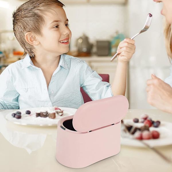 Liten bordavfallsbeholder, mini søppelbøtte i plast med lokk for bad, kontor, soverom og bil, skrivebordsbeholder (rosa)