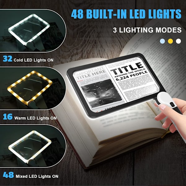 18,5 x 11,2 cm:n suuri 5-kertainen suurennuslasi lukemiseen, suuri taitettava valaistu suurennuslasi 48 LED-valolla (3 tilaa) - musta