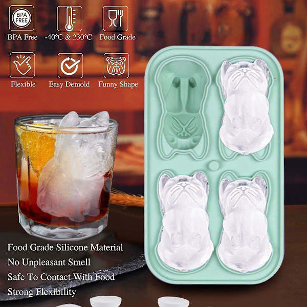 Silikon isbitbrickor med lock, ny isbitbricka för whisky, coaktail, öl - 3D roliga isformar för frys, drycker, bulldog