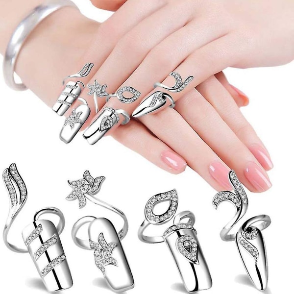 Rhinestone Fingernegl Ring Fingerspids Justerbar åbning Nail Art Charms Tilbehør Til Kvinder Piger, Sølv