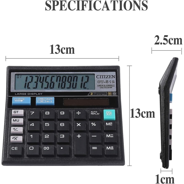 Solcellekalkulator, 12-sifret elektronisk stasjonær kalkulator med dobbel effekt med stor LCD-skjerm og stor følsom knapp for forretningskontorskolekalkulator