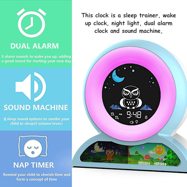 Barnalarmklocka, Söt Barnövningsklocka med Nattlampa, Sömntimer, Digital Alarmklocka
