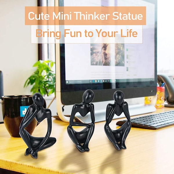 Tænkeren Statue Mini Abstrakt Resin Tænkeren Statue til Moderne Hjemmekontor Dekoration (Guld Højre), Sort, Sæt af 3