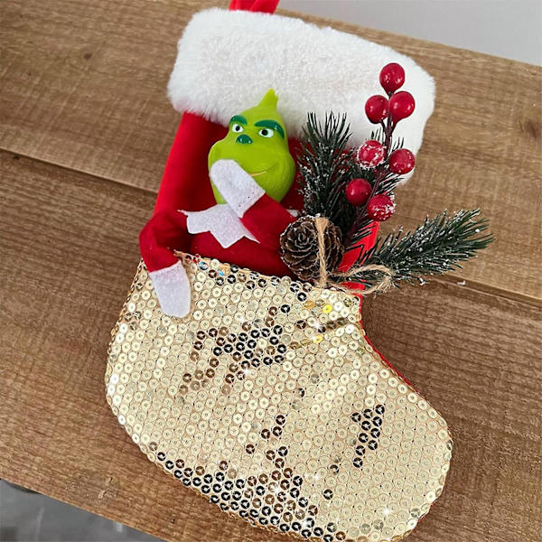 3-pack Grinch Julstrumpor i 3D-plysch för barn, personliga glitterstrumpor för hemmet, julgransdekorationer - a