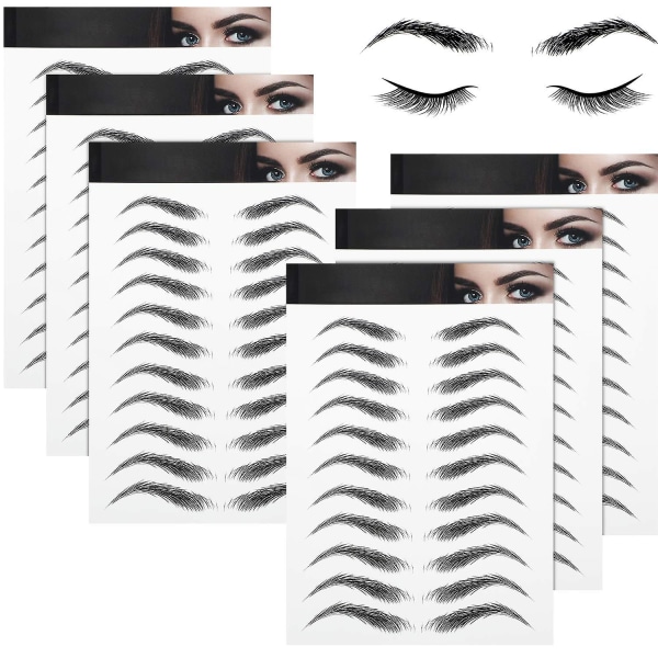 6 ark 4d hårlignende vandtætte tatoveringsmærker til øjenbryn Overførsel af øjenbryn Klistermærker til pleje af formbuestil til kvinder, 66 par (højt bueøje)