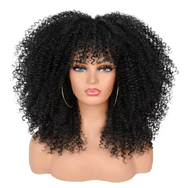 16 tums lockigt peruk för svarta kvinnor svart afro bomb lockigt lugg syntetisk fiber limlöst långt lockigt hår
