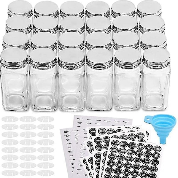 12 Glasskrukker/flasker for krydder - med 20 kryddermerker - ristingslokk og forseglede metalllokk - inkluderer sammenleggbar silikonetrå