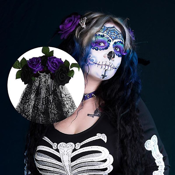 Halloween-asuun sopiva hiuspanta ruusulla ja pitkällä huntulla