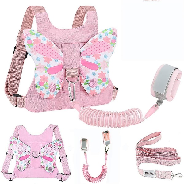 småbarnsbånd + Anti Lost Wrist Link - Sikkerhetssele for barn, Barnegående armbånd Assistentbelte for jente, rosa billedvev (sommerfugl)