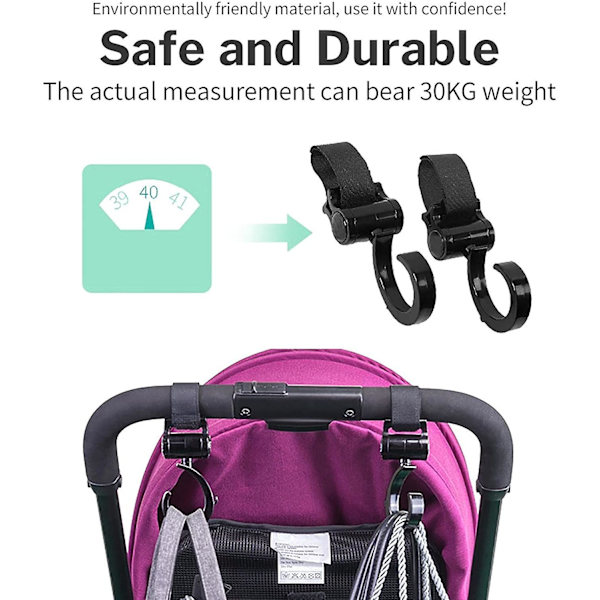 2-pack robusta barnvagnskrokar - 360 graders roterande krokar - 2 universella barnvagnsklämmor för att hänga väskor och cyklar, rullstolar, shoppingvagnar 16*10