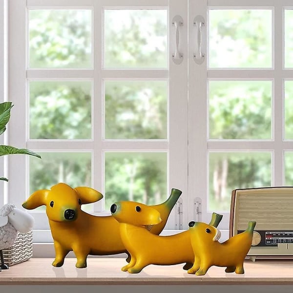 Trädgårdsstaty för bananhund, familj på tre Bananhunddekorationer, kreativ staty för bananvalpharts, rolig konstskulptur för hemmet (helt set)