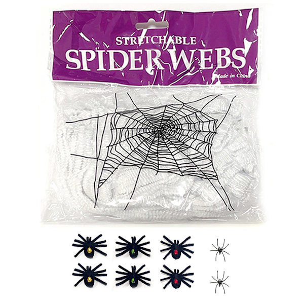 1 Set Halloween Spindelvävsdekoration Stor Stretchig Spindelväv med Läskiga Falska Spindlar Spökhusfesttillbehör (B)