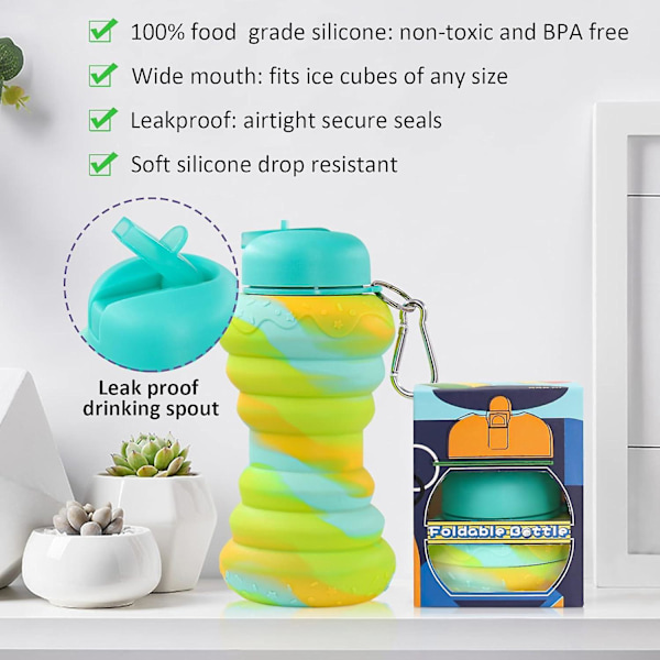 Silikoninen Kasaan Taittuva Vedenpullo Lapsille, 550ml Kannettava Vuotamaton Taittuva Vedenpullo Rannehihnan kanssa, Sininen